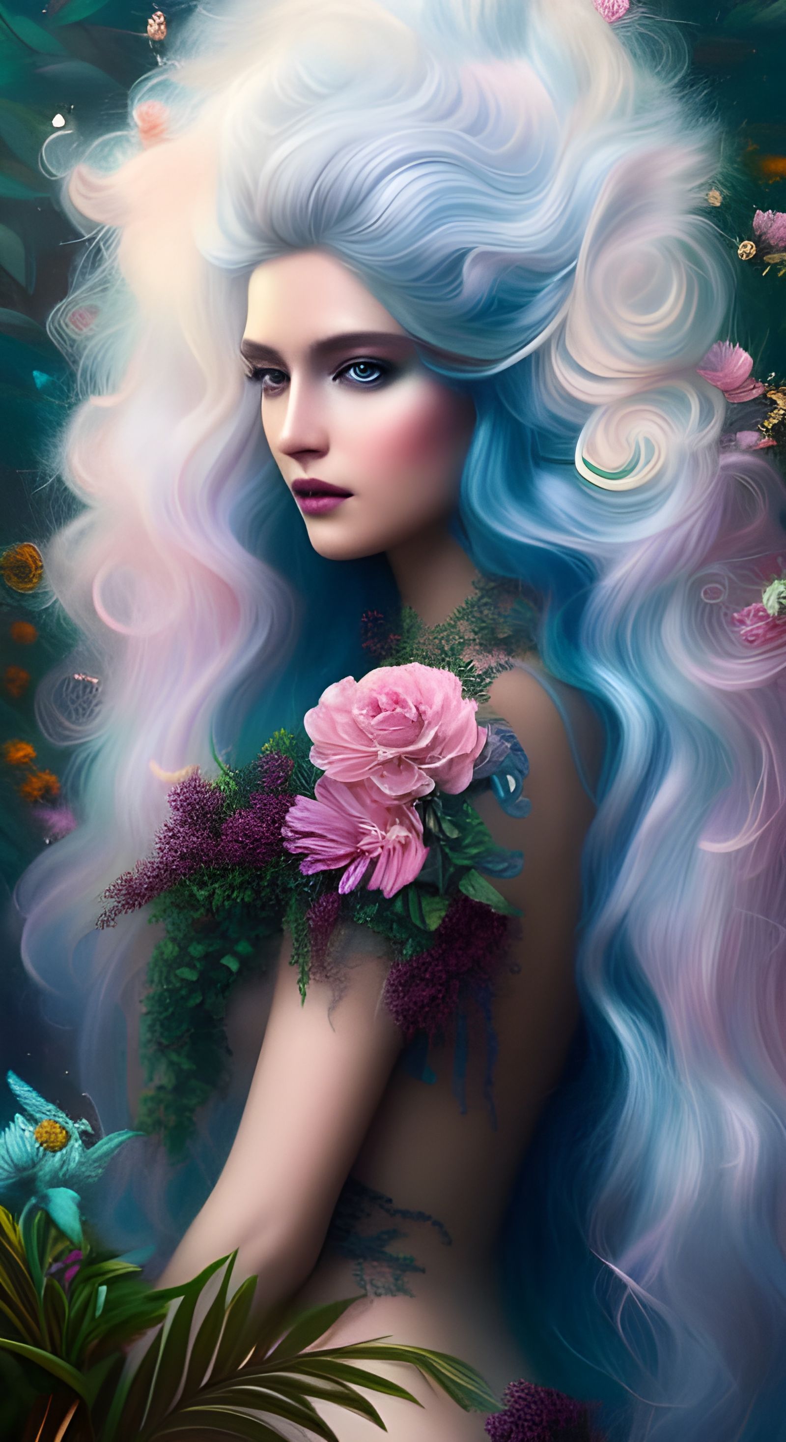 Portrait Of a wavy haired goddess of ✨✨ surrounded by Plants...