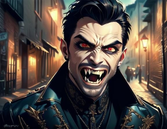 <lora:VampireFangs SD:1.0> close up portrait of a fierce male modern-day vampire with long_fangs  in a back Alley under the moonlight, (Perf...