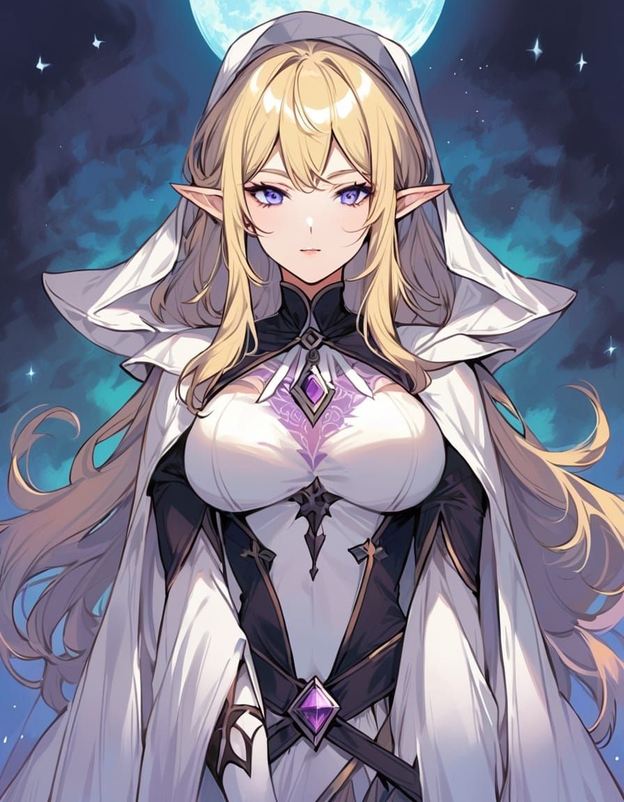 elf sorceress, rampant, white cloak, arcane tattoo, d&d, blue eyes, blonde hair, pointy ears, green, amethyst, red, moon...