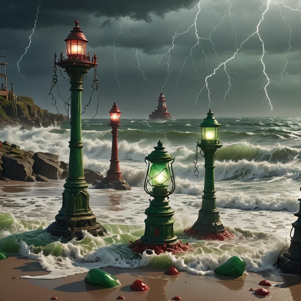 Some storm lamps, green and red washed up at the high tide l...