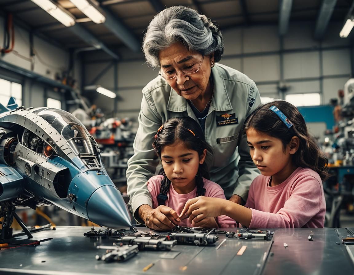 A Mexican grandmother teaches her granddaughters in her shop how to repair Air Force jets.   by @George Power 