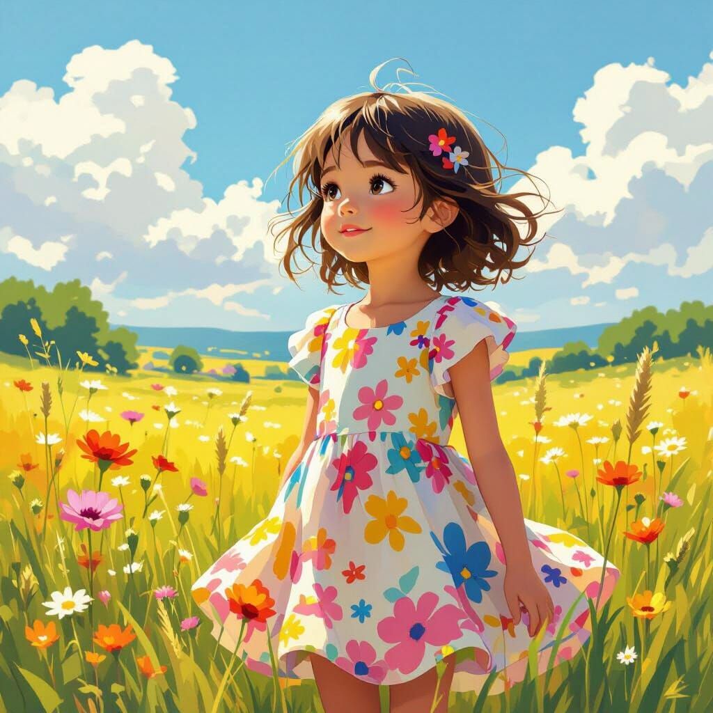 Young Girl in Sunny Meadow, Whimsical Anime Style
