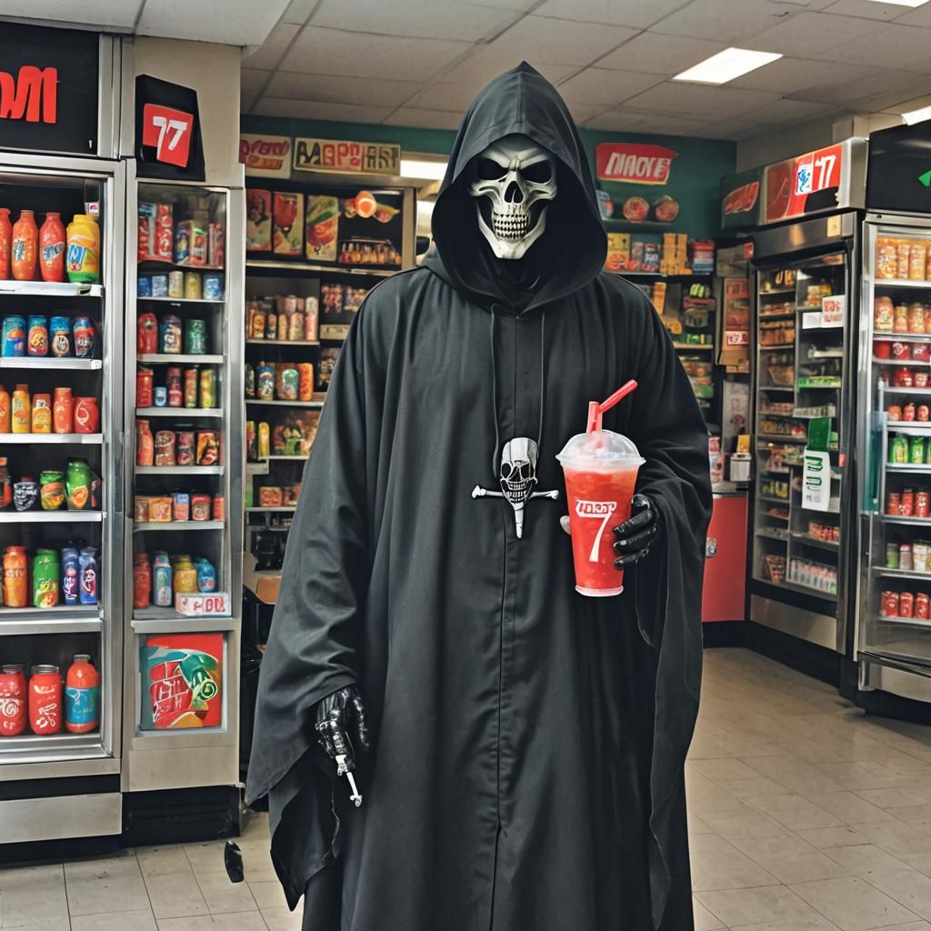 The grim reaper standing at 711 with a slurpee in his hand
