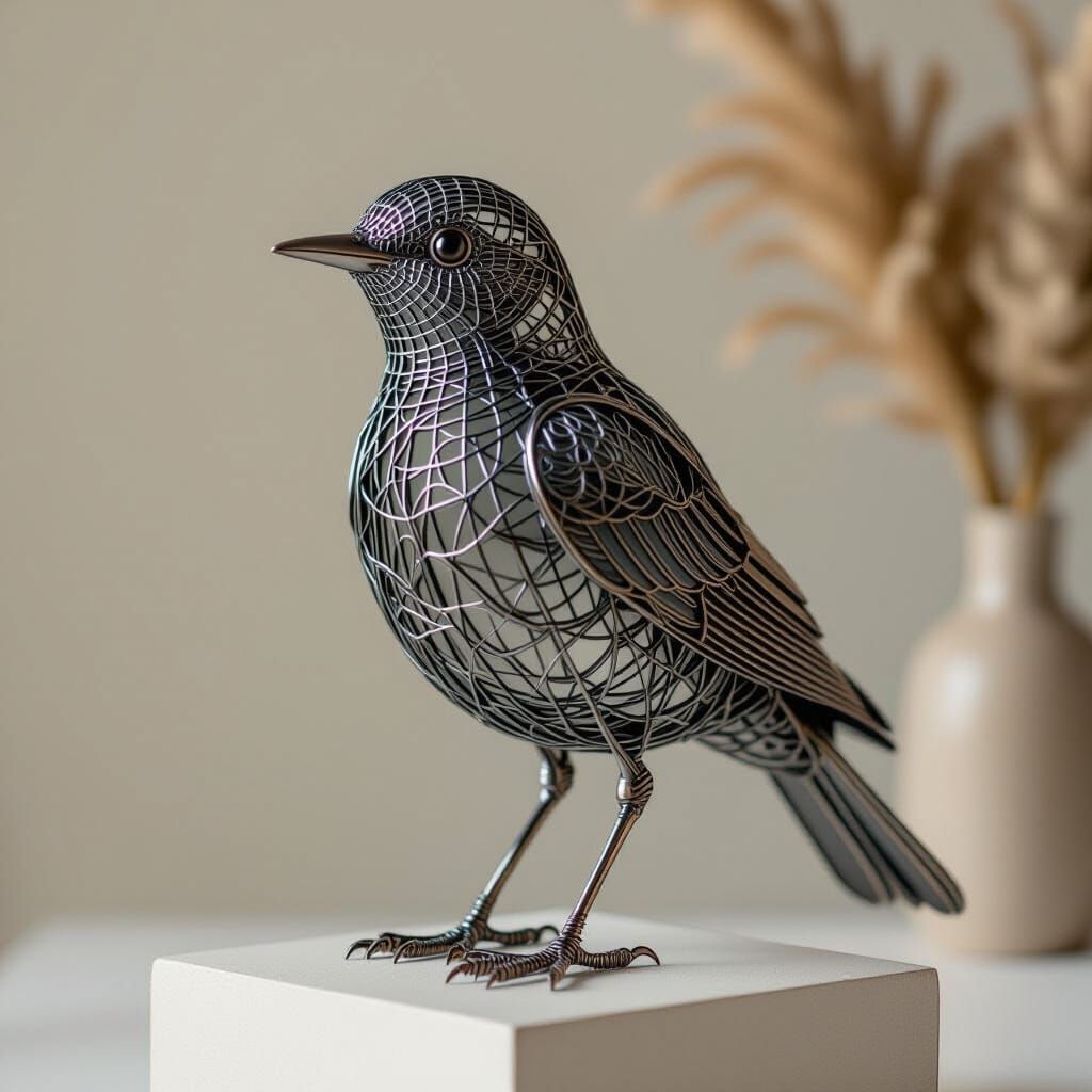 Intricate Metal Wire Bird Sculpture