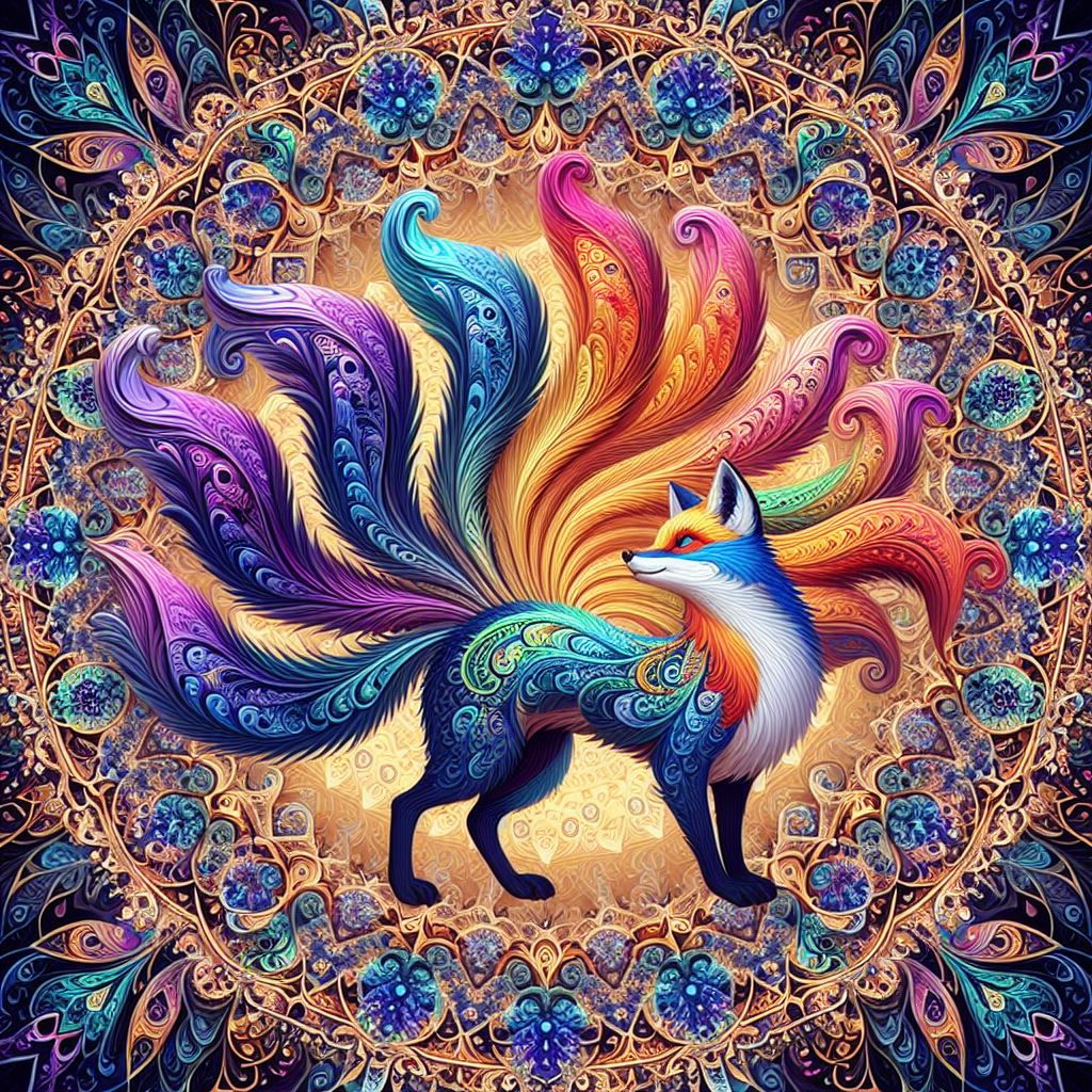 Colourful Fractal Filigree nine-tailed fox