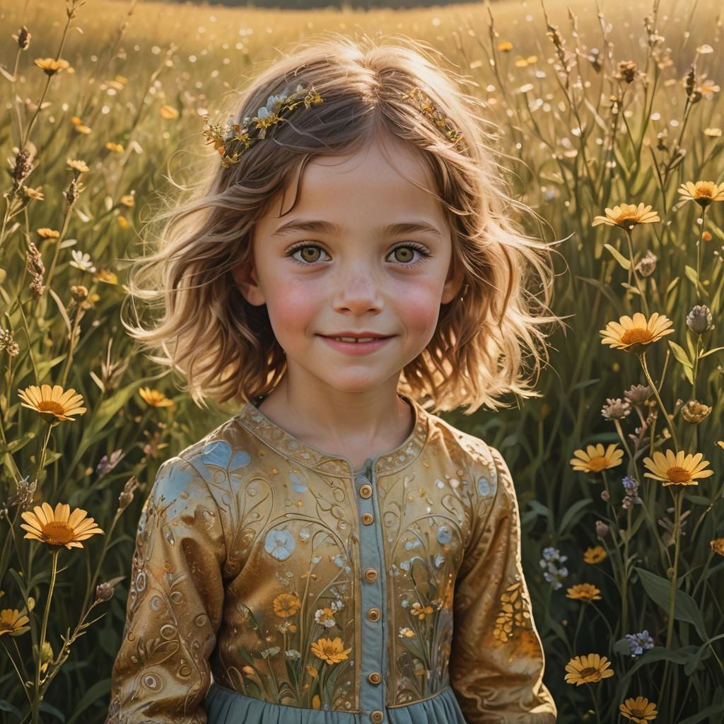 Smiling Child in Sunlit Meadow: Fantasy Portrait