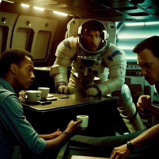 [ Cine still movie scene Coffee Shop in Space ], coffee shop, in space