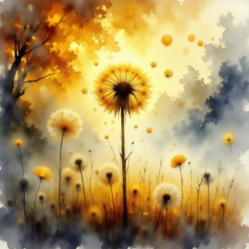 watercolor impressionism: a solitary dandelion puffball in a autumnal scenery, its seeds are blown away by the wind to a golden mystic realm...