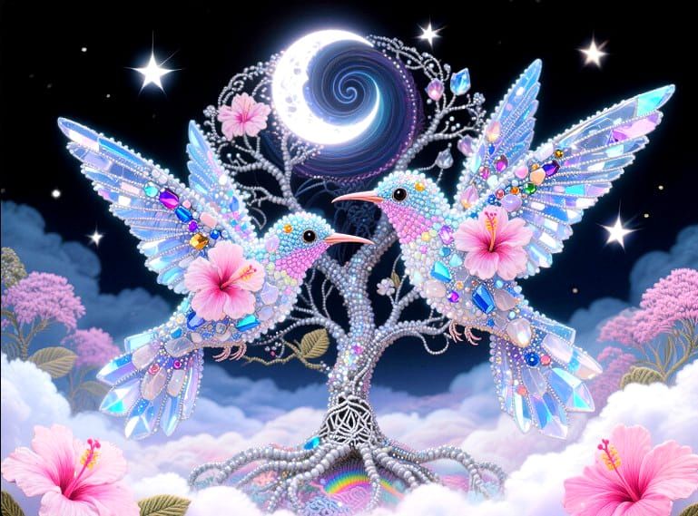 1/16/2025-Hummingbirds, Hibiscus Flowers & Hardystonite Art By Archangel Tara