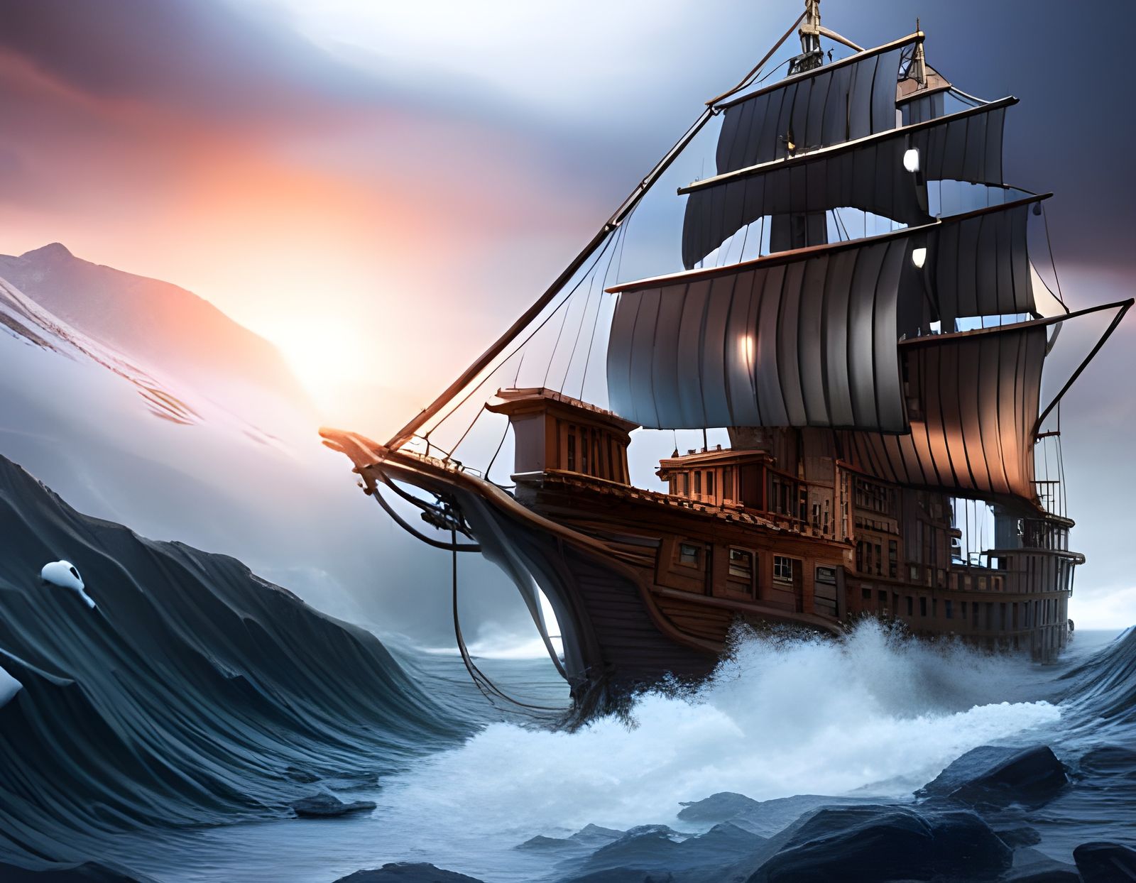 A pirate ship in rough waters   by @tv_art724