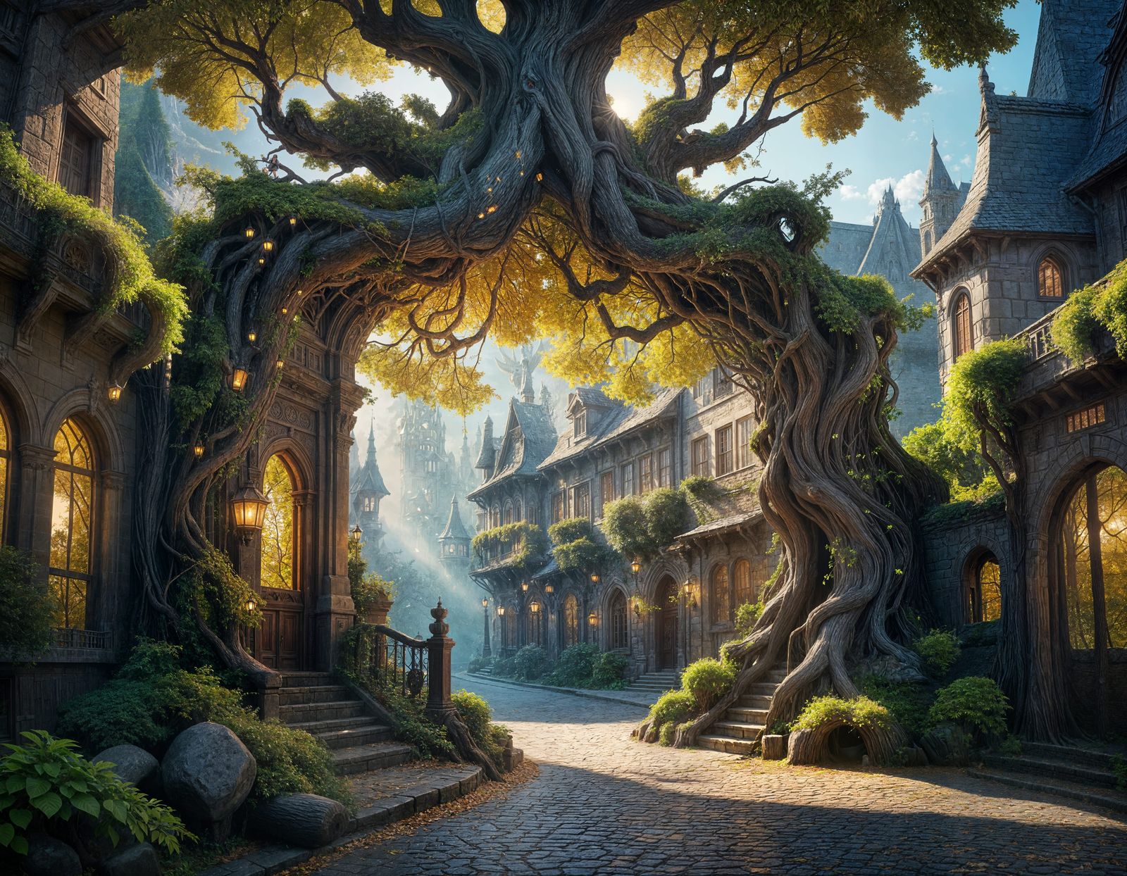 Whimsical Tree Portal in Enchanted Cityscape