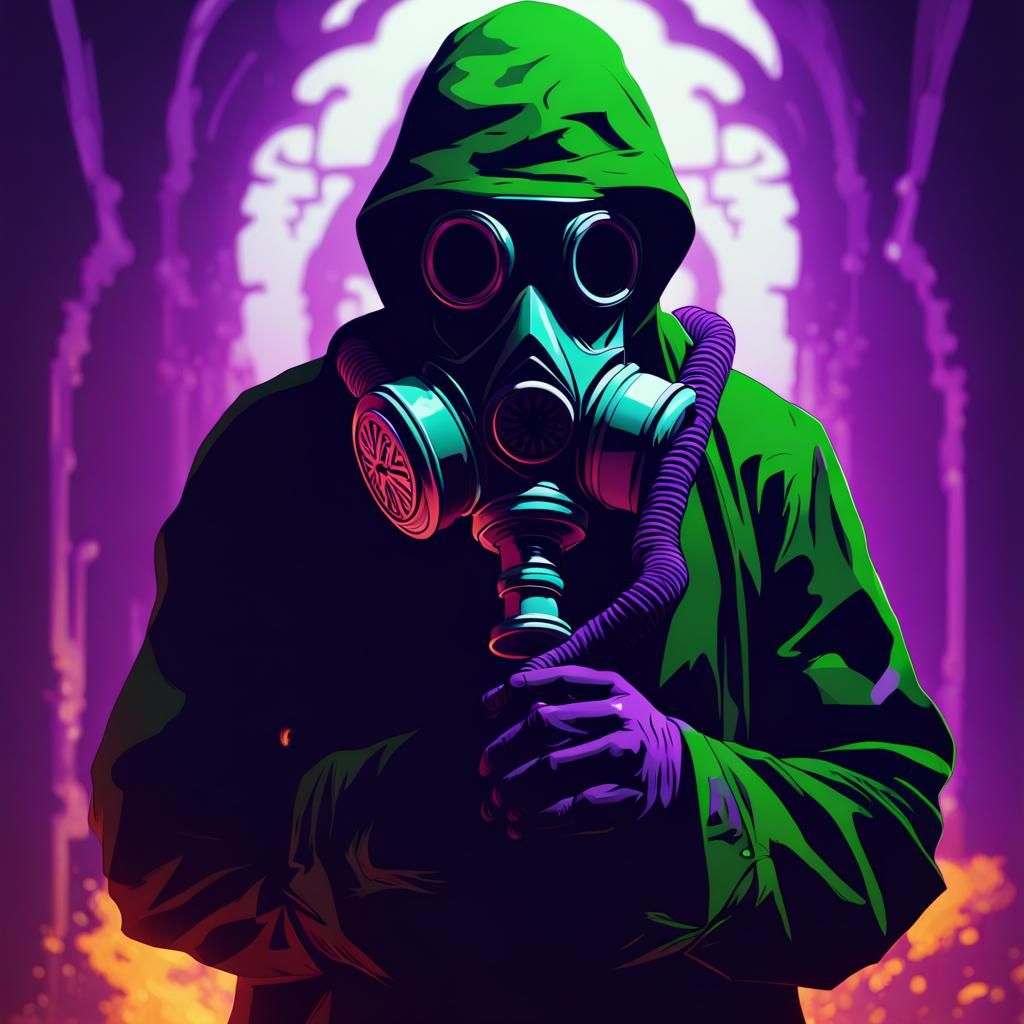 Gas mask villain in background silhouette a masterpiece, 8k ...