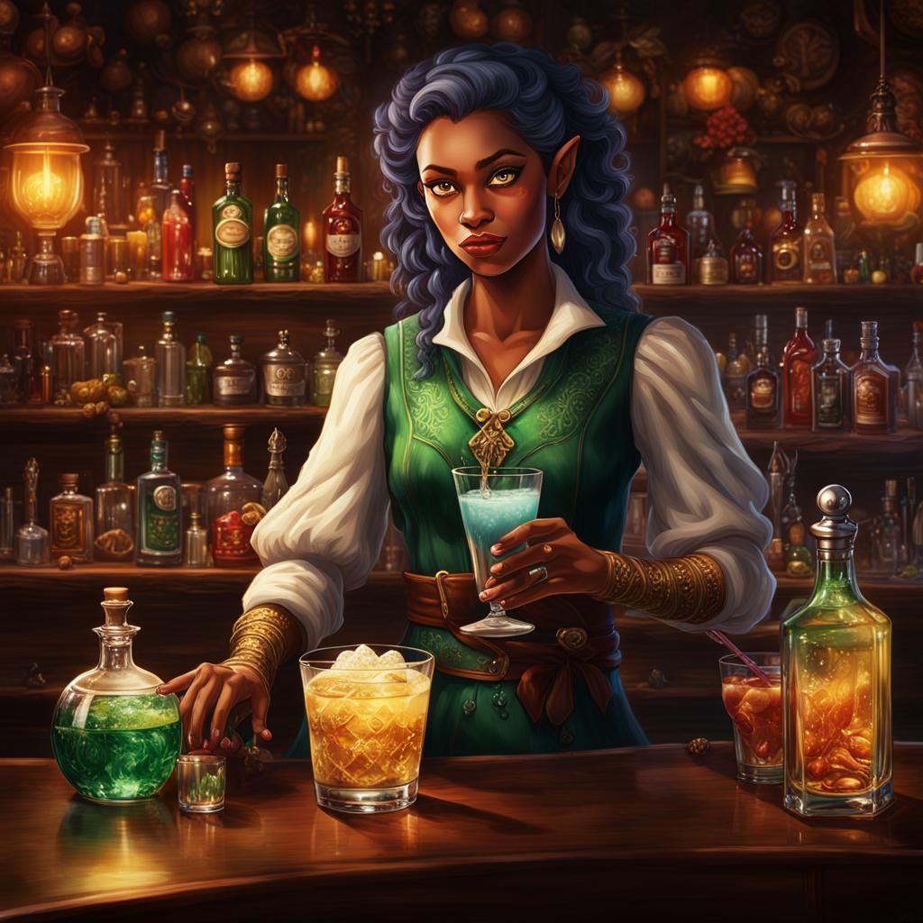 A captivating image of a skilled exotic bartender, female elf sorceress ...