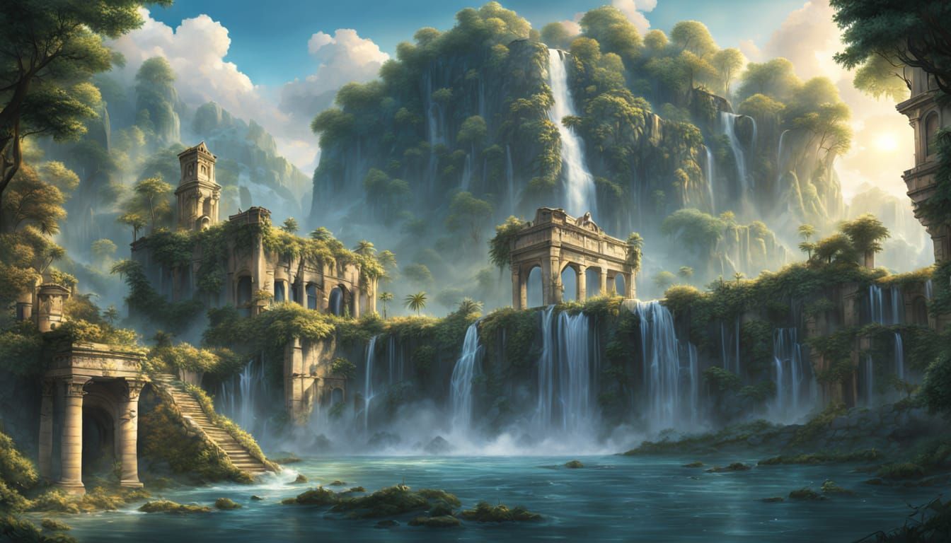 Digital matte painting. Cinematic shot. A majestic waterfall cascading into a crystal-clear lake, surrounded ...  by @Patrick Gillen