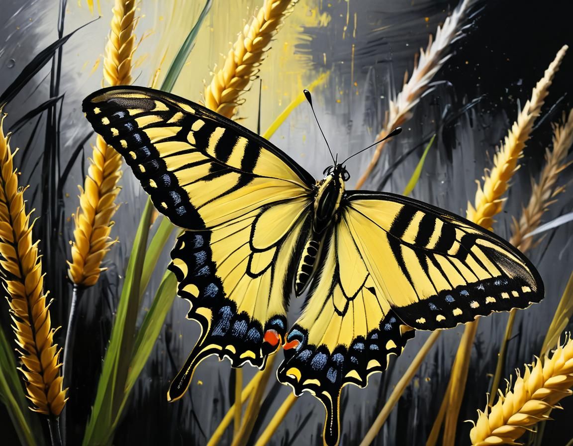 painting, a pitch black gorgeous yellow swallowtail butterfly on a cattail  painted with matte black paint, silver highlights, thick brush s...