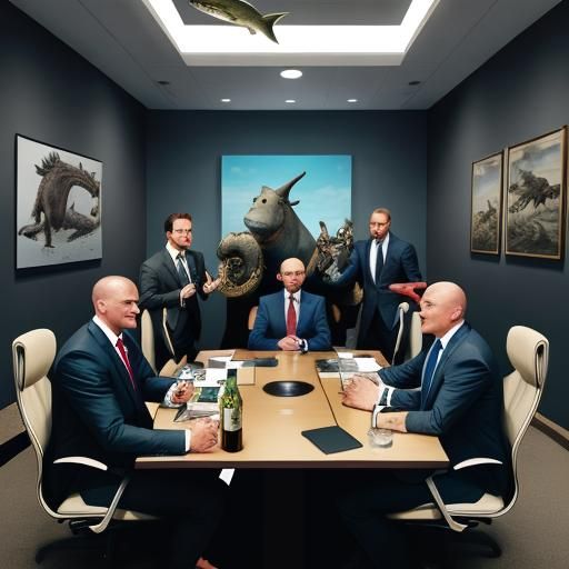 A business meeting between Anthropomorphic animals, a shark....