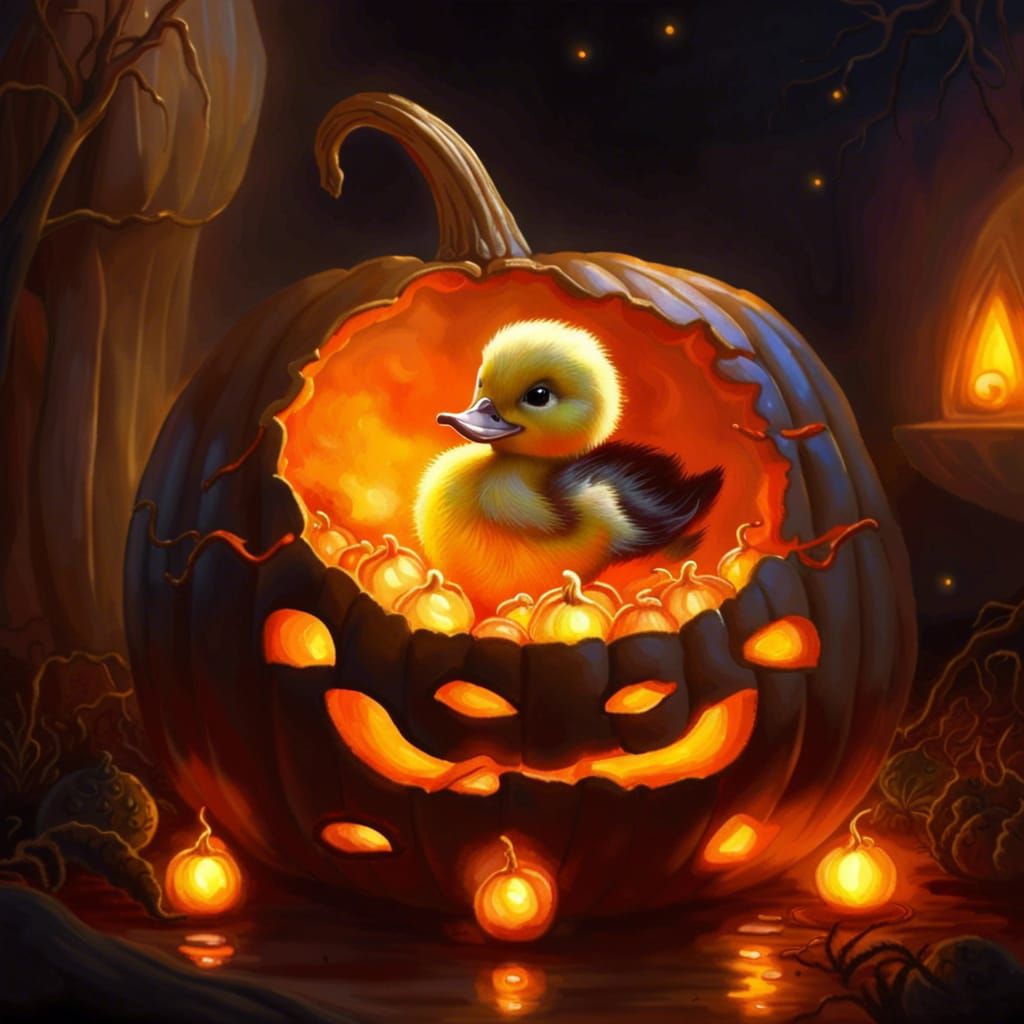  duckling sitting inside a jack-o-lantern   by @TheSquishBanana