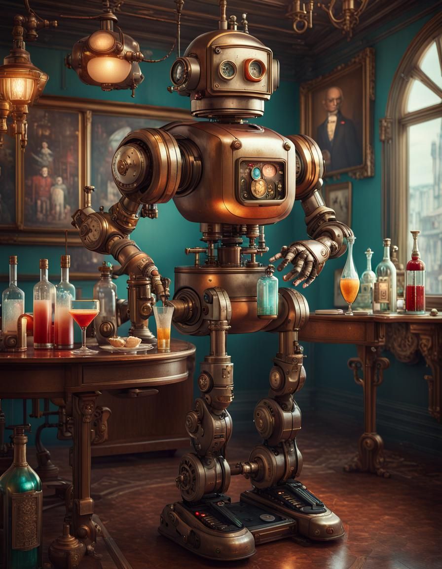 Steampunk robot! mechanical robot butler serving drinks in a crowded ...