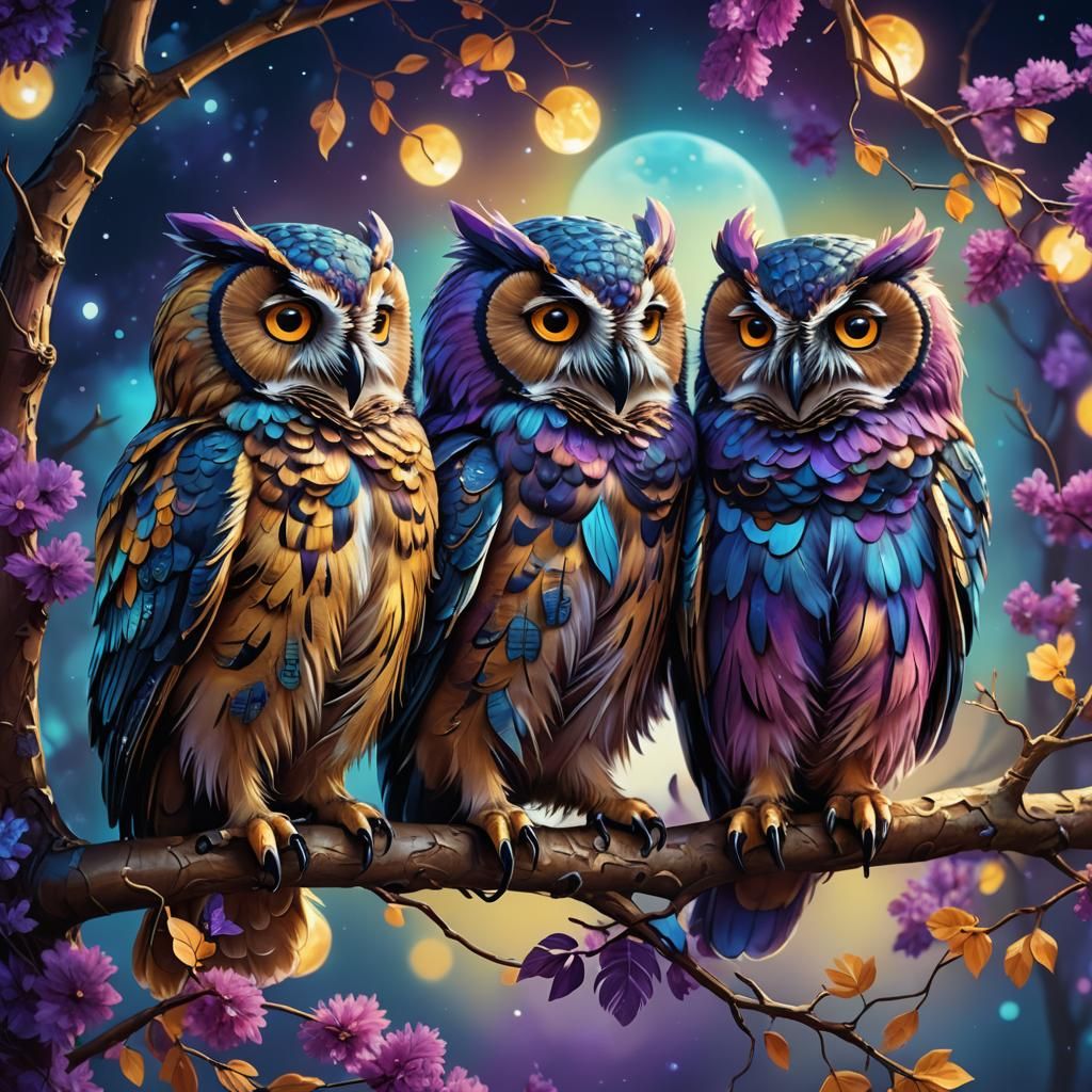 3-owls-sitting-on- branch. 🦉