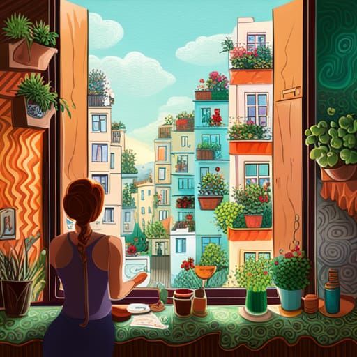 A woman paints greenery from her apartment window. Her studi...