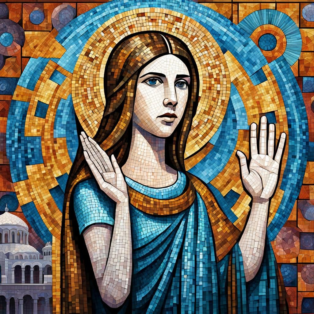 Anna Kendrick, Byzantine mosaic, giving a high five to a Gre...