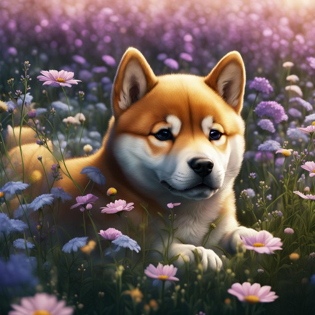 shiba inu puppy laying in a field of wild flowers  by @FunkyOtter