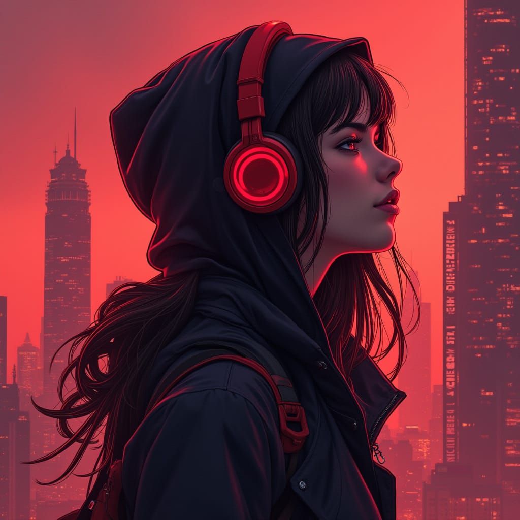 Woman with Red Headphones in Futuristic Cityscape
