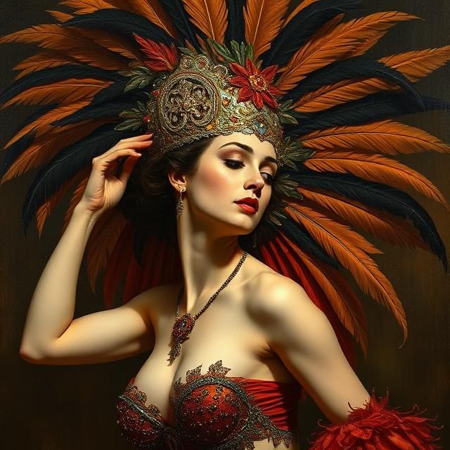 A cabaret dancer in a feathered headdress.