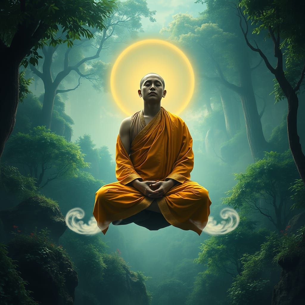 Serene Monk in Vibrant Forest, Halo of Soft Light, Detailed ...