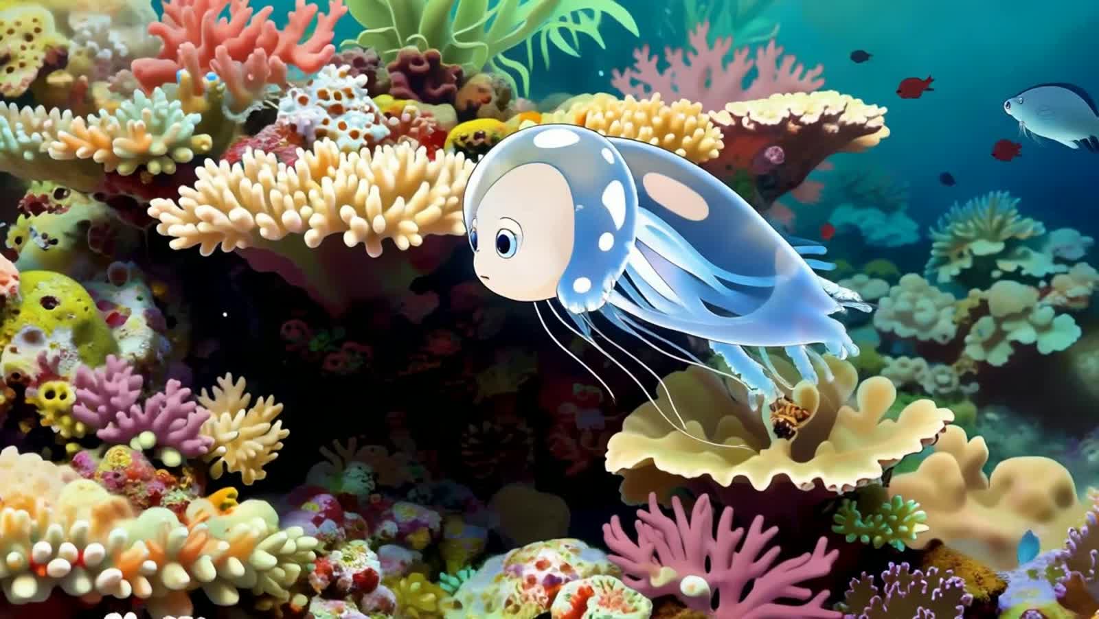 A whimsical, bioluminescent jellyfish floats through an ethereal coral reef, its tendrils shimmering with soft, internal...