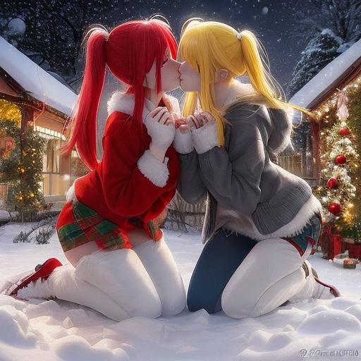 Anime Girls Kissing in Snowy Christmas Lights