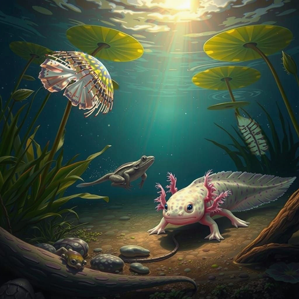 Axolotl and Frog under Water