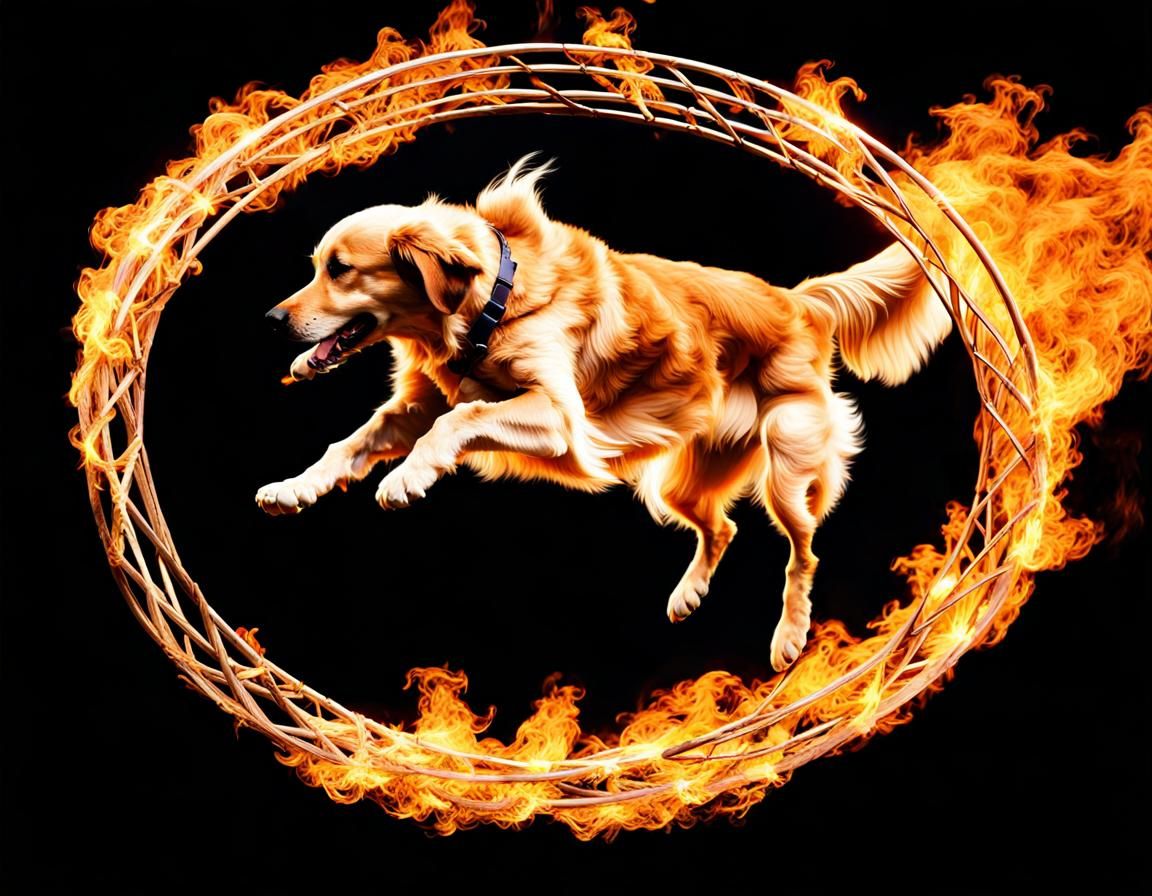 Golden Retriever dog jumping through a flaming hoop at a dog show