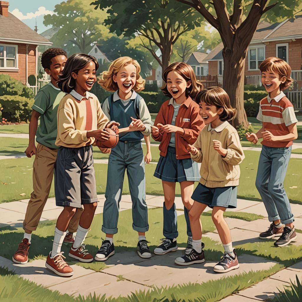 A lovingly crafted vintage illustration of a group of childh...