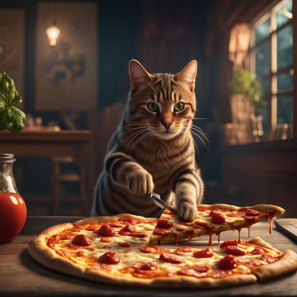 Tabby cat eating a slice of pizza