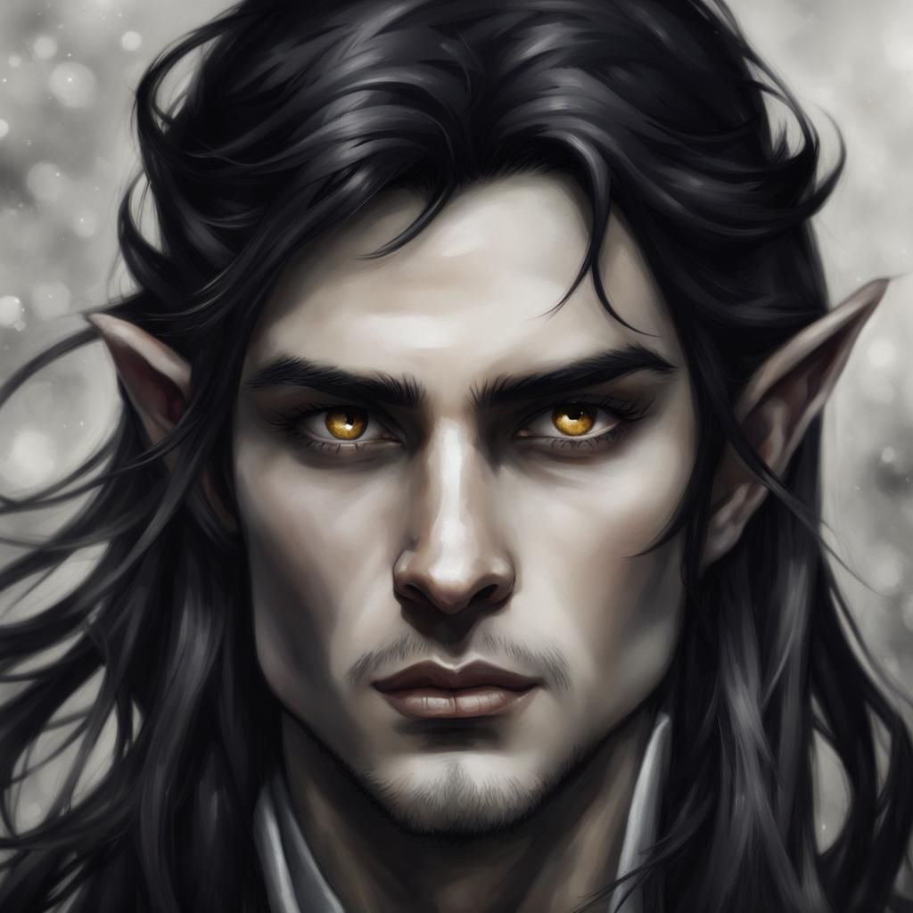 Elf with long black hair, amber eyes. Masculine features. - AI ...