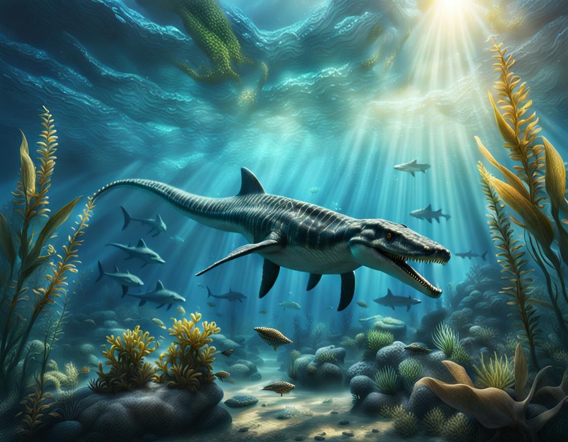 Prehistoric Mosasaurus in an under water scene with prehistoric plants and Annomites. Filtered sunlight. ...  by @Ross