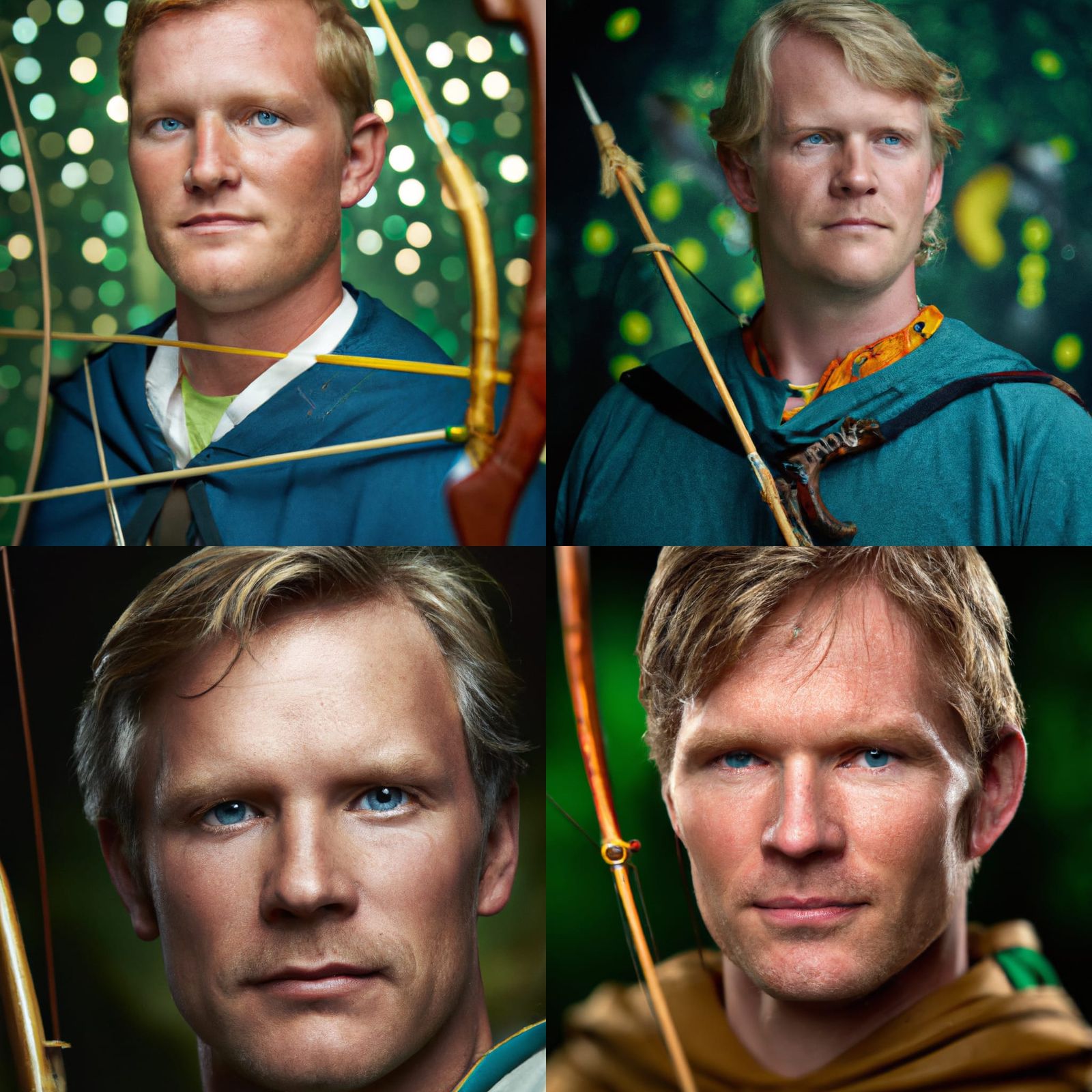 Medieval blond hair blue eyes handsome man in forest green a...