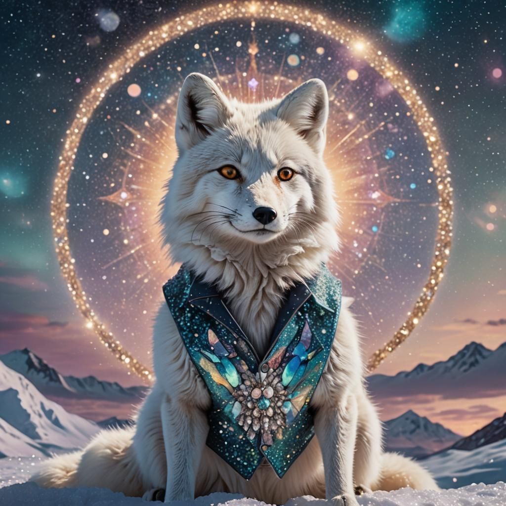 Arctic Fox in Jeweled Vest: Celestial Pastel Art