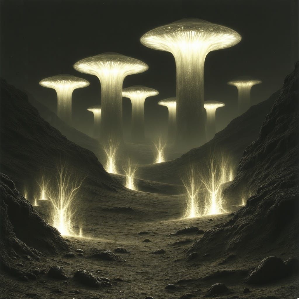  <lora:Spectral Pathways:1.3> A desert filled with translucent, glowing mushrooms taller than skyscrapers; grim dark macabre