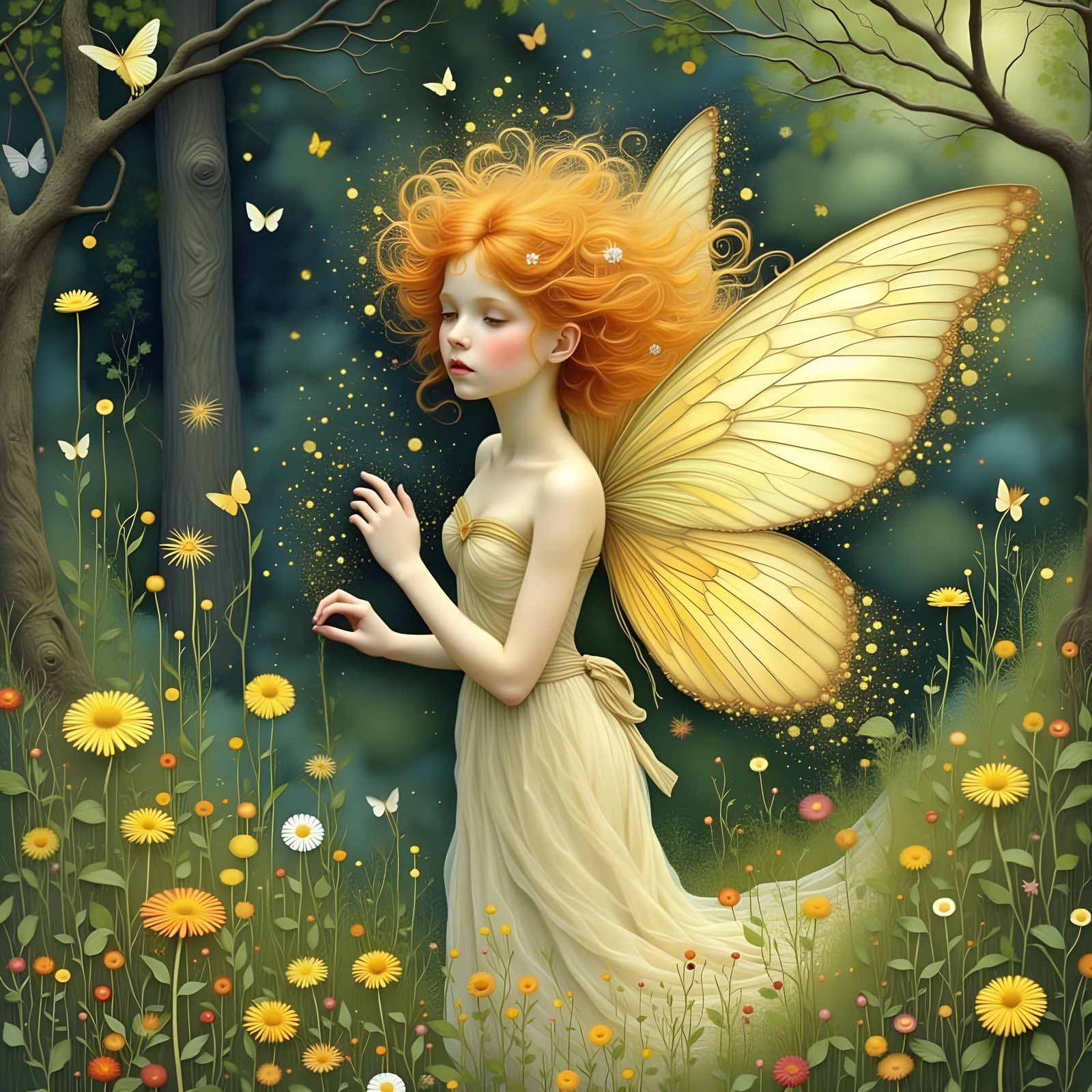 Pixie in Sunlit Forest: Watercolor Art Nouveau