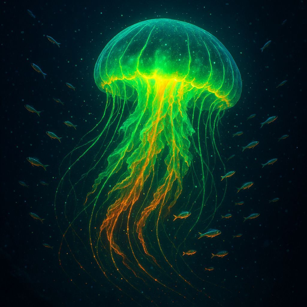 A bioluminescent jellyfish swims with neon tetras.  by @Dibblier
