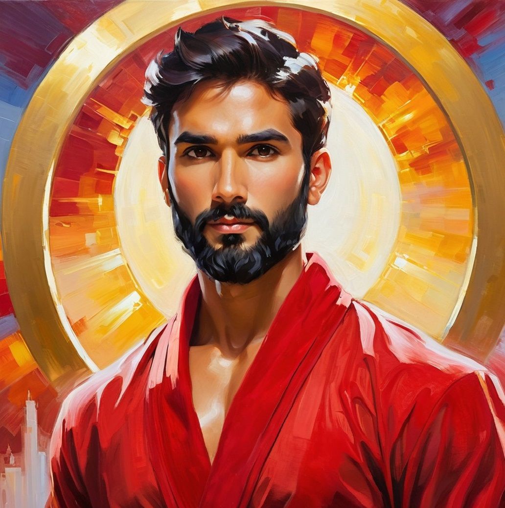 A bearded saint  wearing a red robe