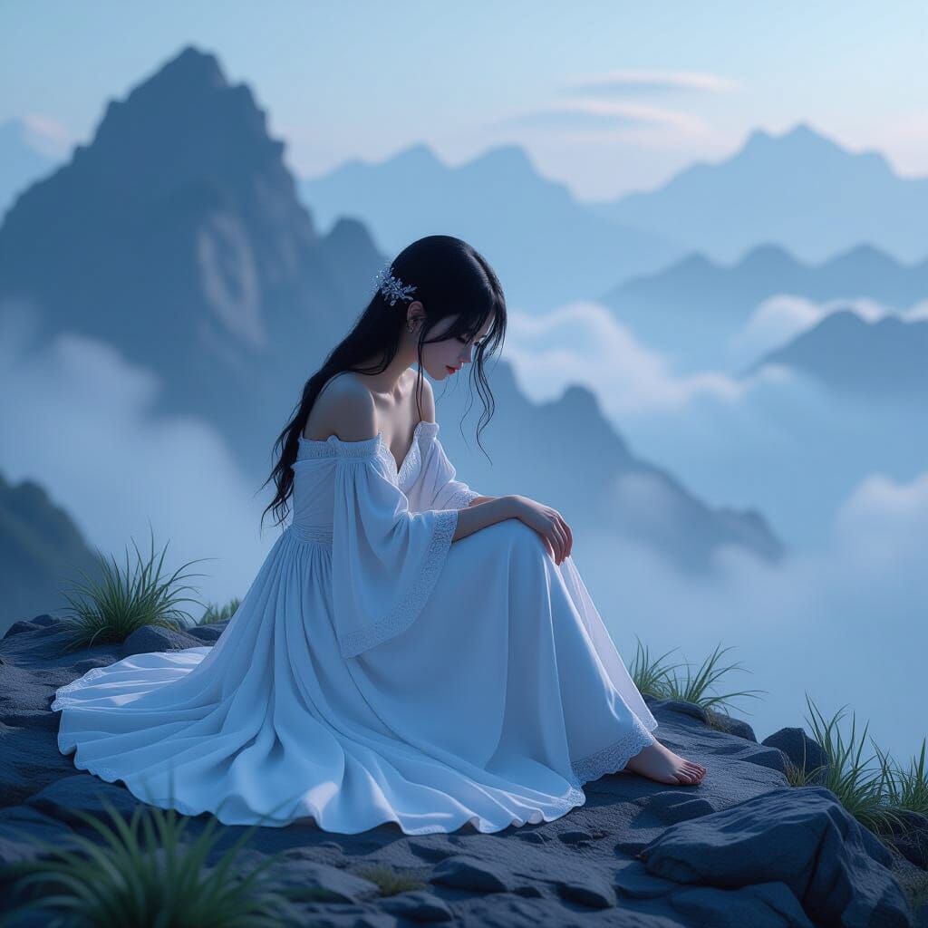 Sorrowful Girl on Mountain in Anime Style