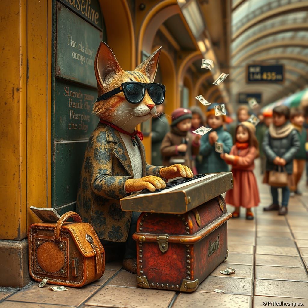 Blind Busker Cat Plays Keyboard in Whimsical Folk Art Master...