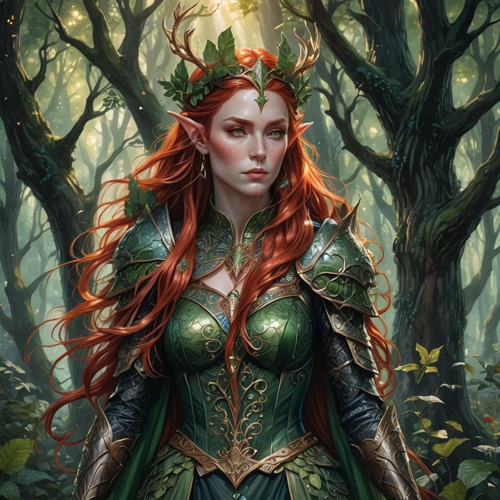 A fantasy painting featuring a stunning elf queen with long,...