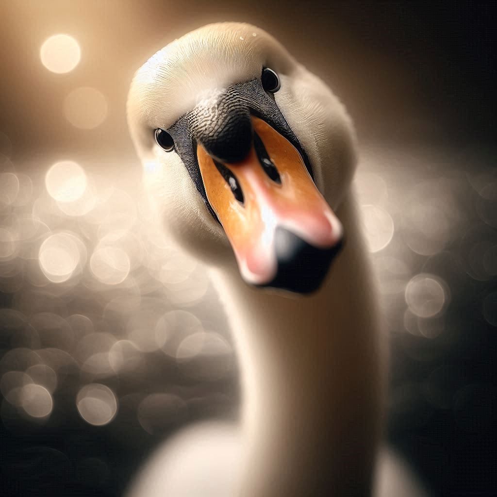 A close-up portrait of a white swan