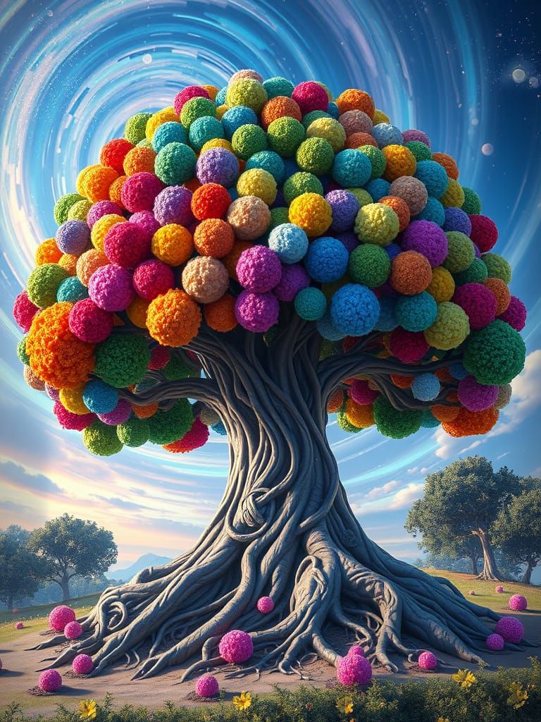 Four Seasons Tree with Celtic Carvings in 3D Pixar Style