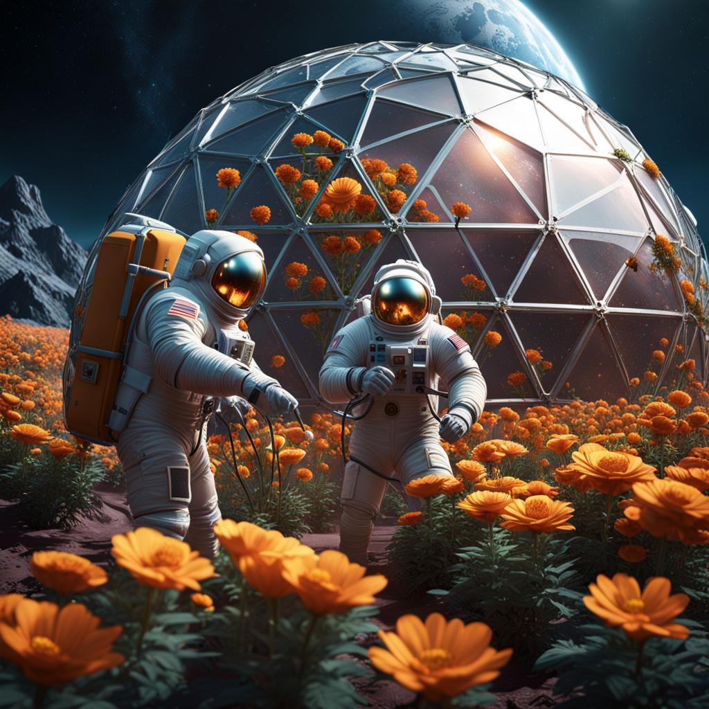 Three men in spacesuits tending to the flowers in a geodesic...