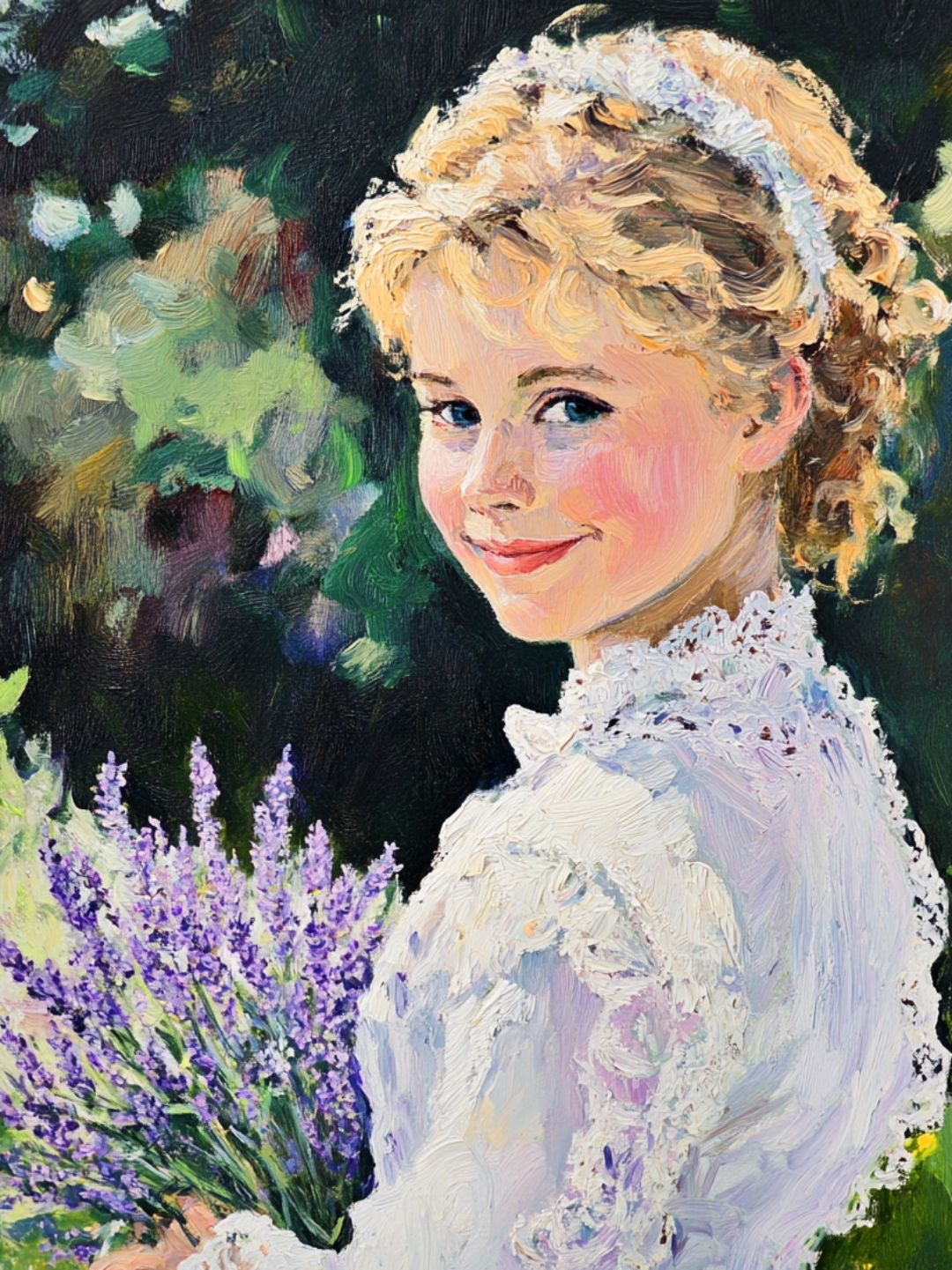 Girl with a Bouquet of Lavender - Oil painting in the style of Monet